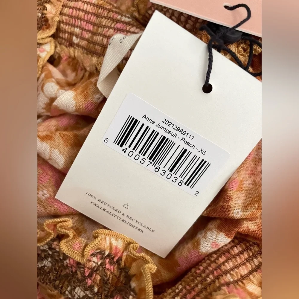 Spell Anne Smocked wide leg jumpsuit XS Peach antique floral off shoulder cotton - Picture 2 of 14